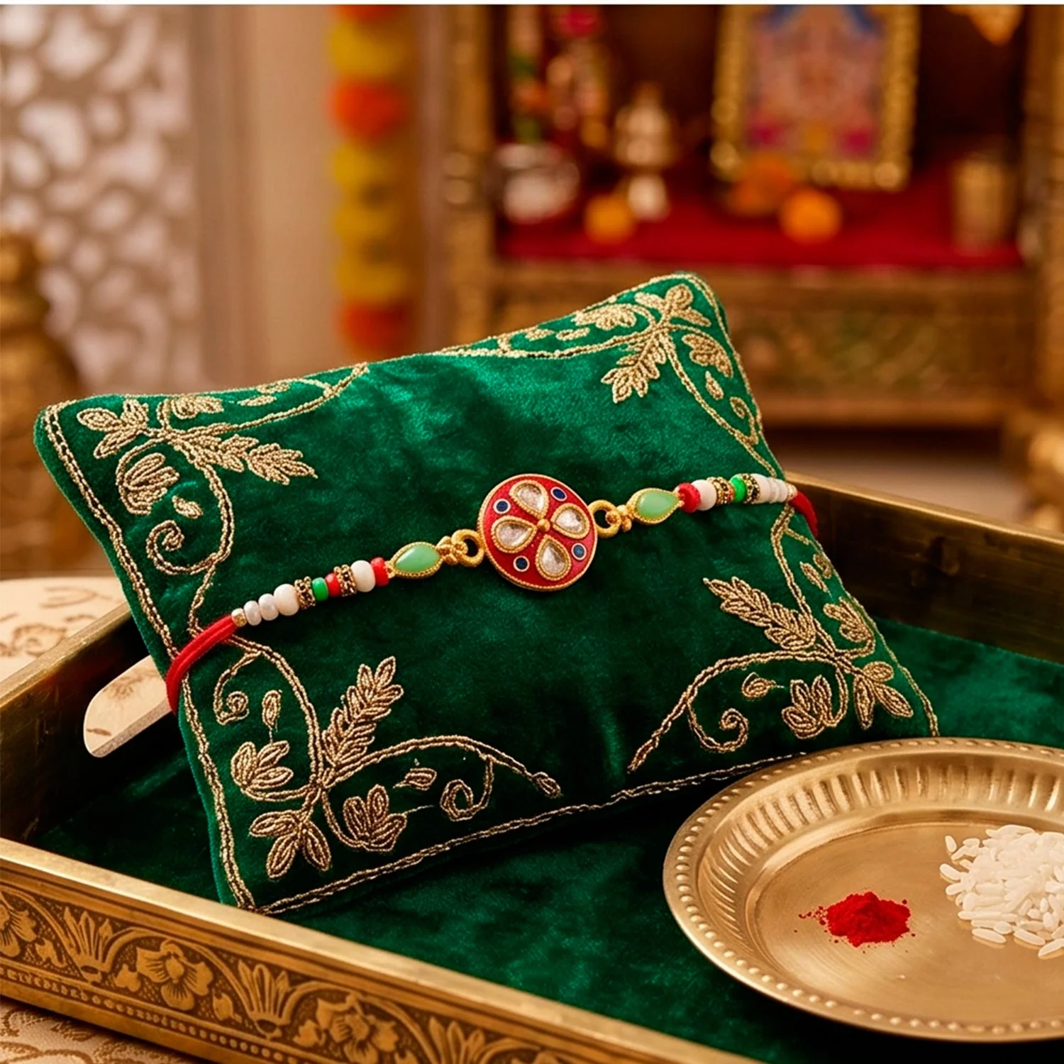 Premium Rakhi for Brother – Kundan Enamel Floral Pearl Bead Design - Image 4