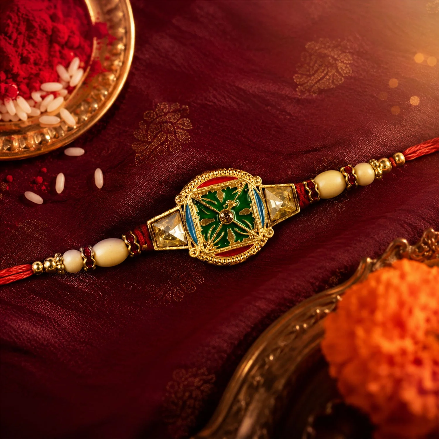 Premium Kundan Meenakari Rakhi – Pearl Bead Charm for Brothers - Image 3