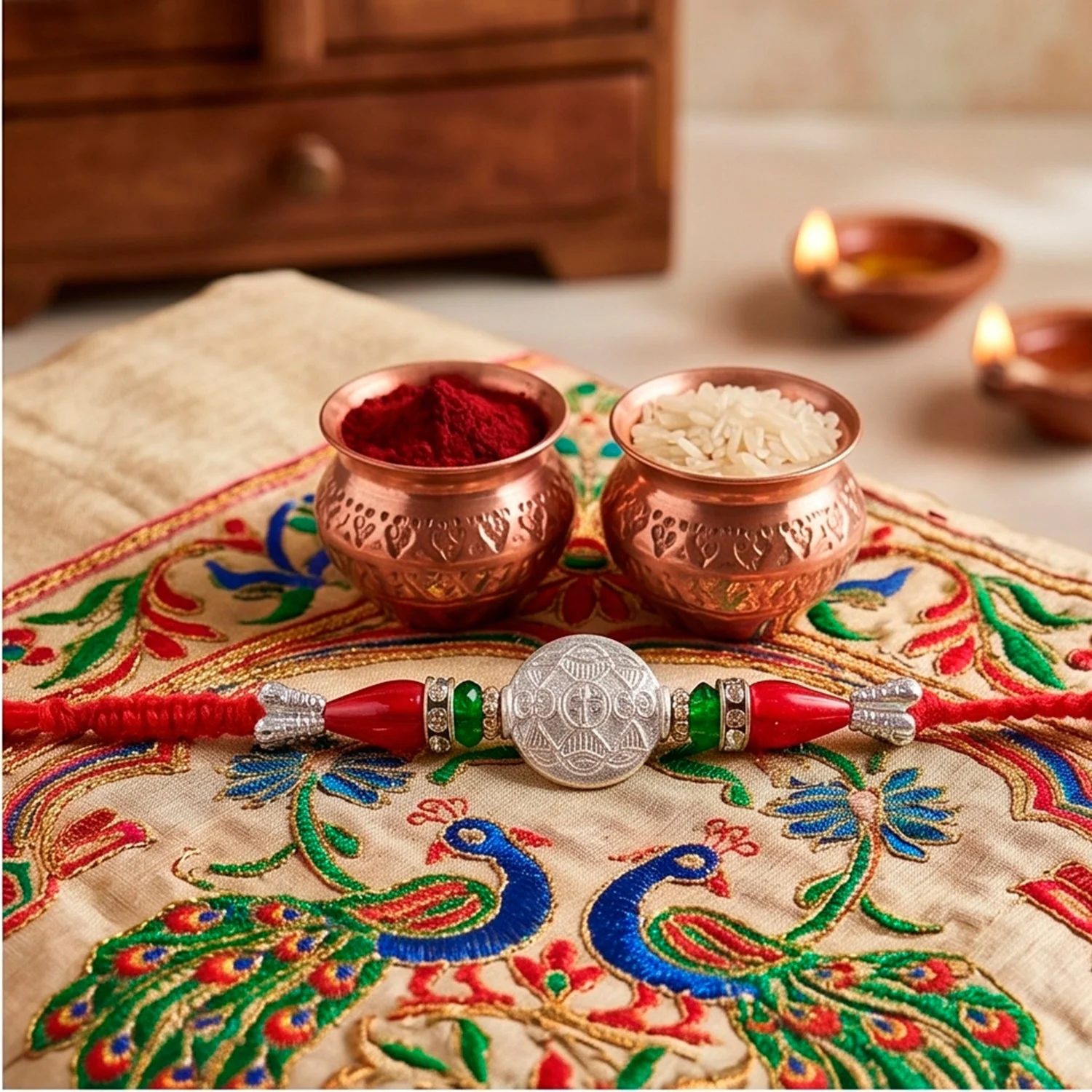 Meenakari Kundan Rakhi for Brother – Rudraksha Bead Design
