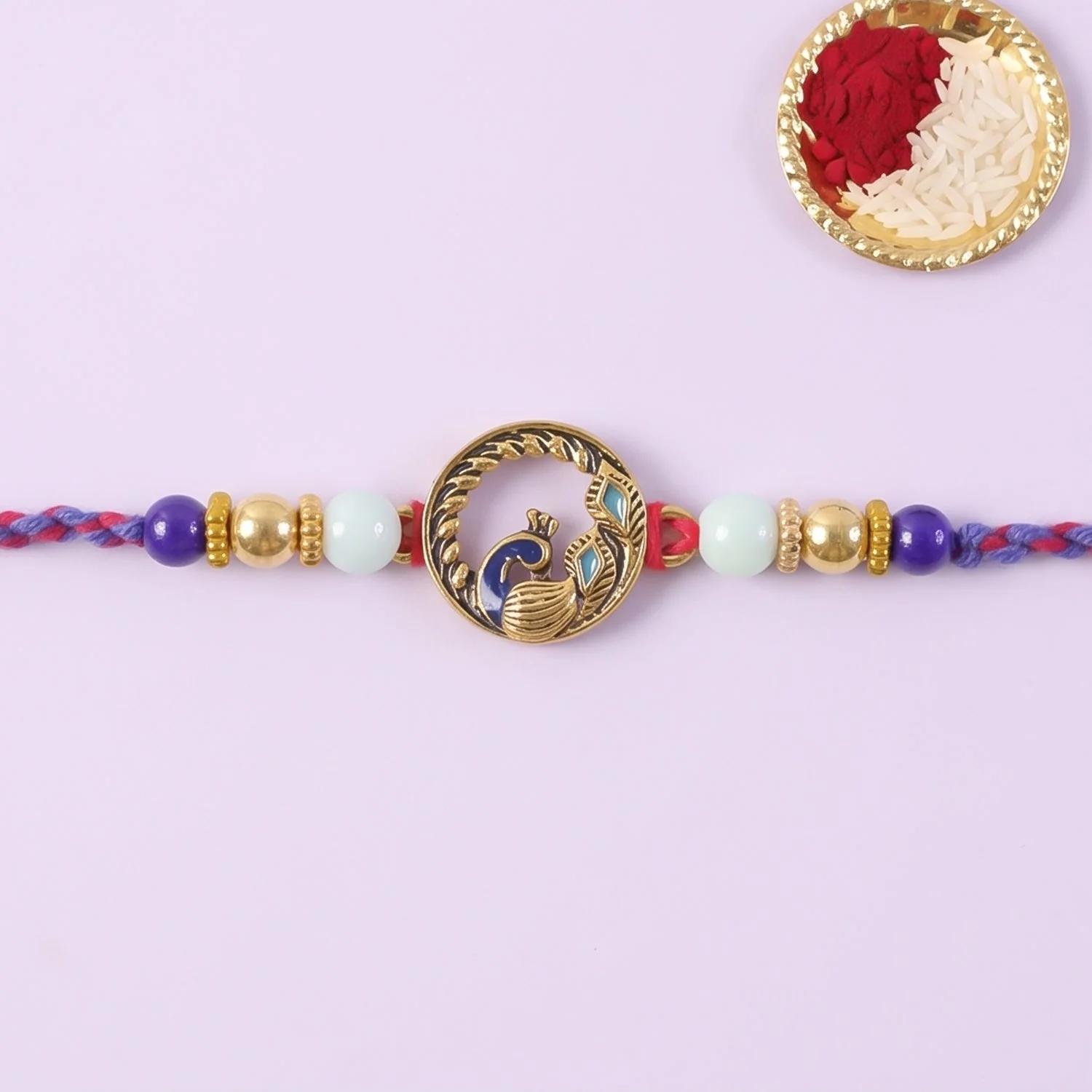 Round Peacock Blue Beads Rakhi for Brother Bhai Raksha Bandhan Festival Special Gift - Image 2