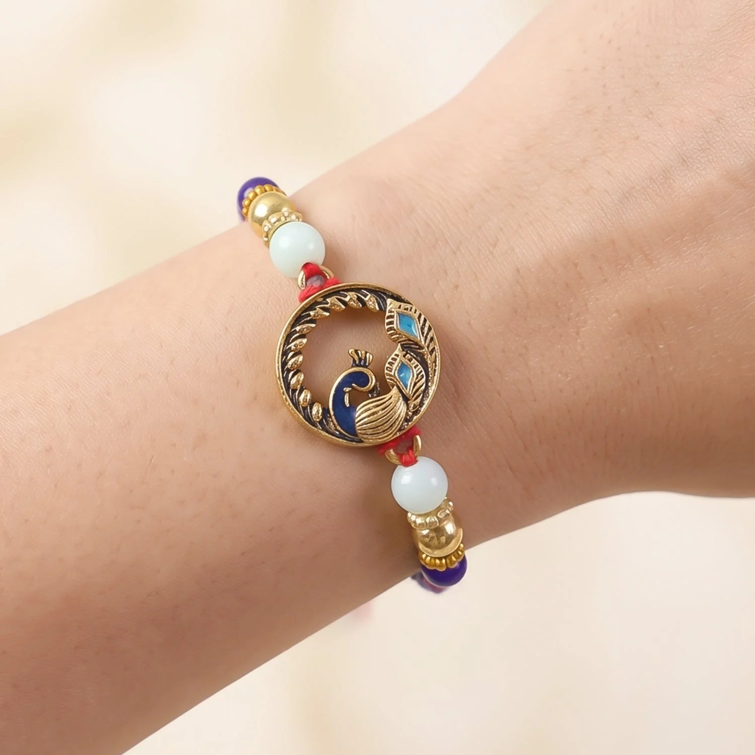 Round Peacock Blue Beads Rakhi for Brother Bhai Raksha Bandhan Festival Special Gift - Image 3