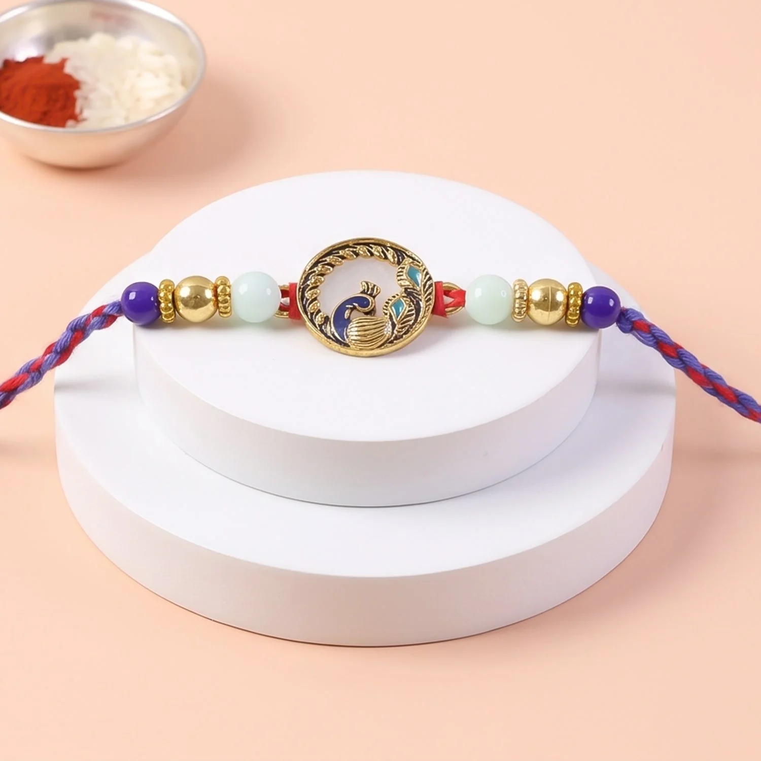Round Peacock Blue Beads Rakhi for Brother Bhai Raksha Bandhan Festival Special Gift - Image 4
