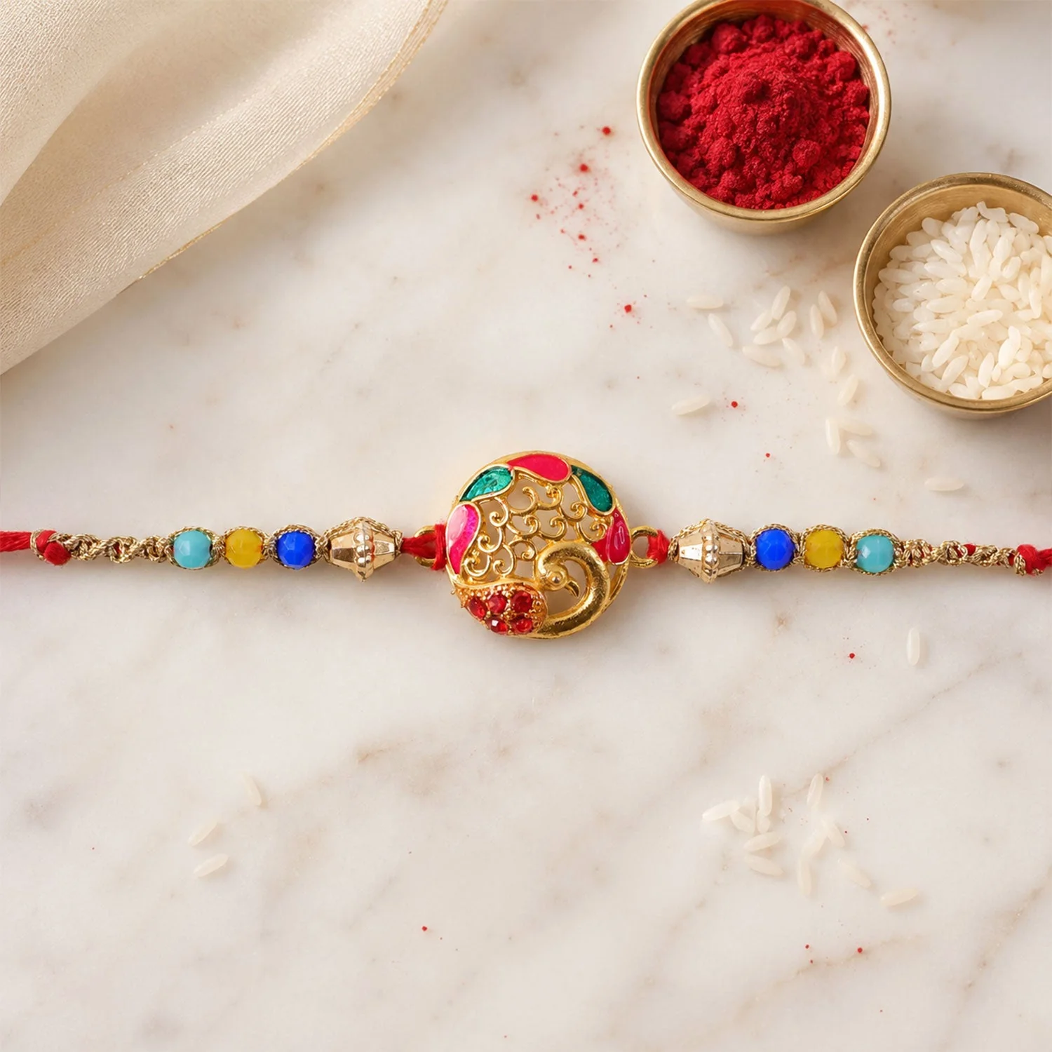 Round Peacock Stone Designer Premium Traditional Rakhi for Brother - Image 4