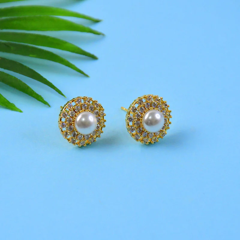 Pearl Stud Earrings – Elegant Gold Finish with Crystal Border - Image 2