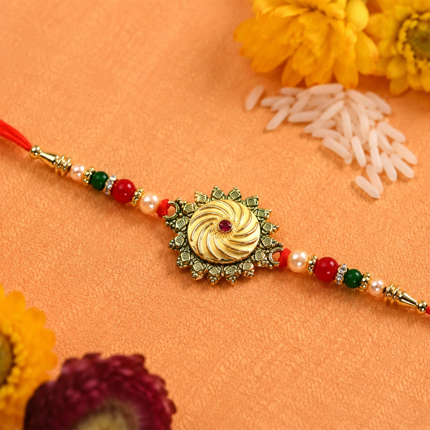 Round Shape Rakhi with Stone and Bead Work – Traditional Festive Design - Image 3