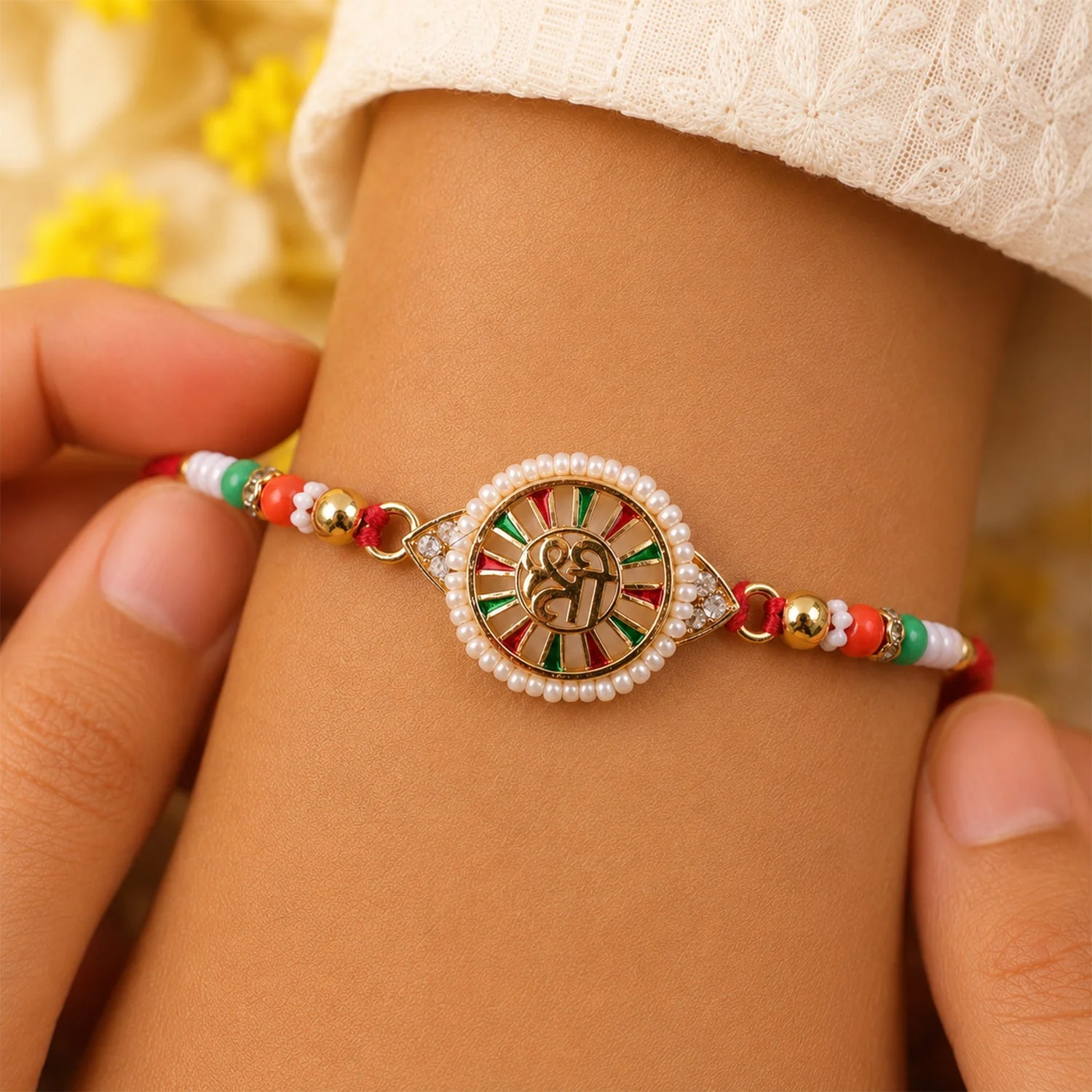 Round Shree Design Stone Traditional Designer Rakhi for Brother - Image 2