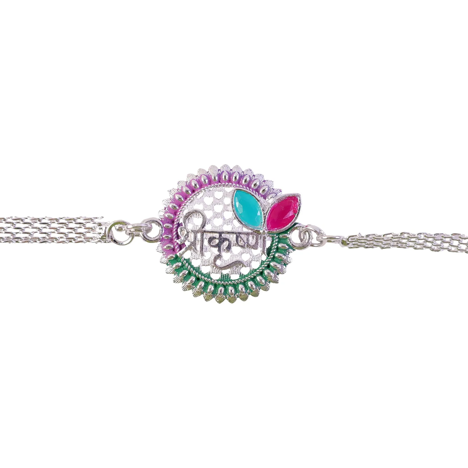 Round Shree Krishn Design Stone Studded Designer Chain Rakhi for Brother - Image 5