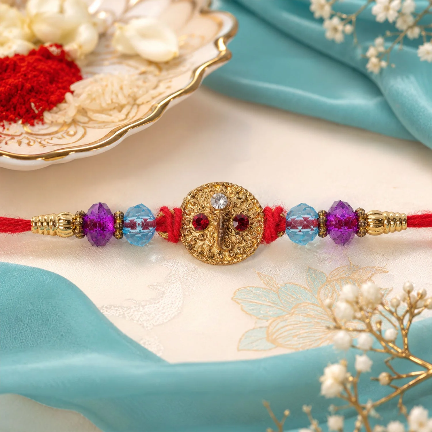 Round Stone Medallion Designer Premium Traditional Rakhi for Brother - Image 3