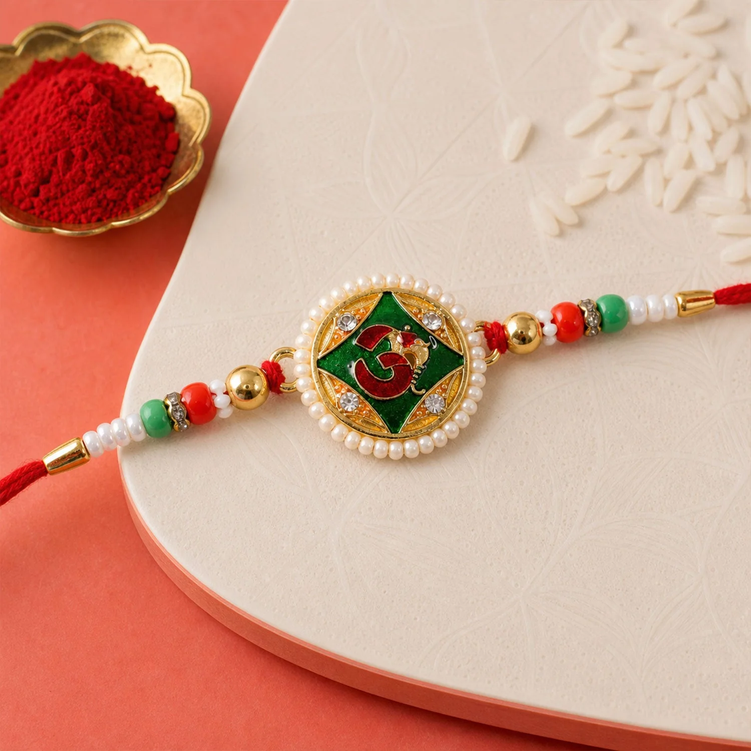 Religious Om Round Rakhi with Meenakari & Pearls – Rakhi for Brother - Image 2