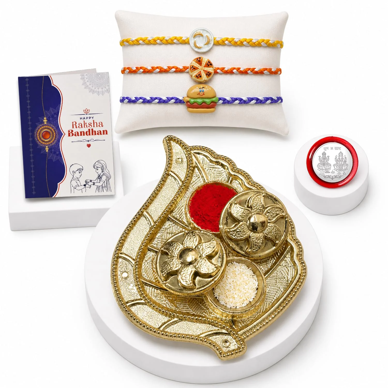 Rouund, Food Rakhi Combo - Raksha Bandhan Gift with Leaf Design Pooja Thali, Pack of 7 - Image 2