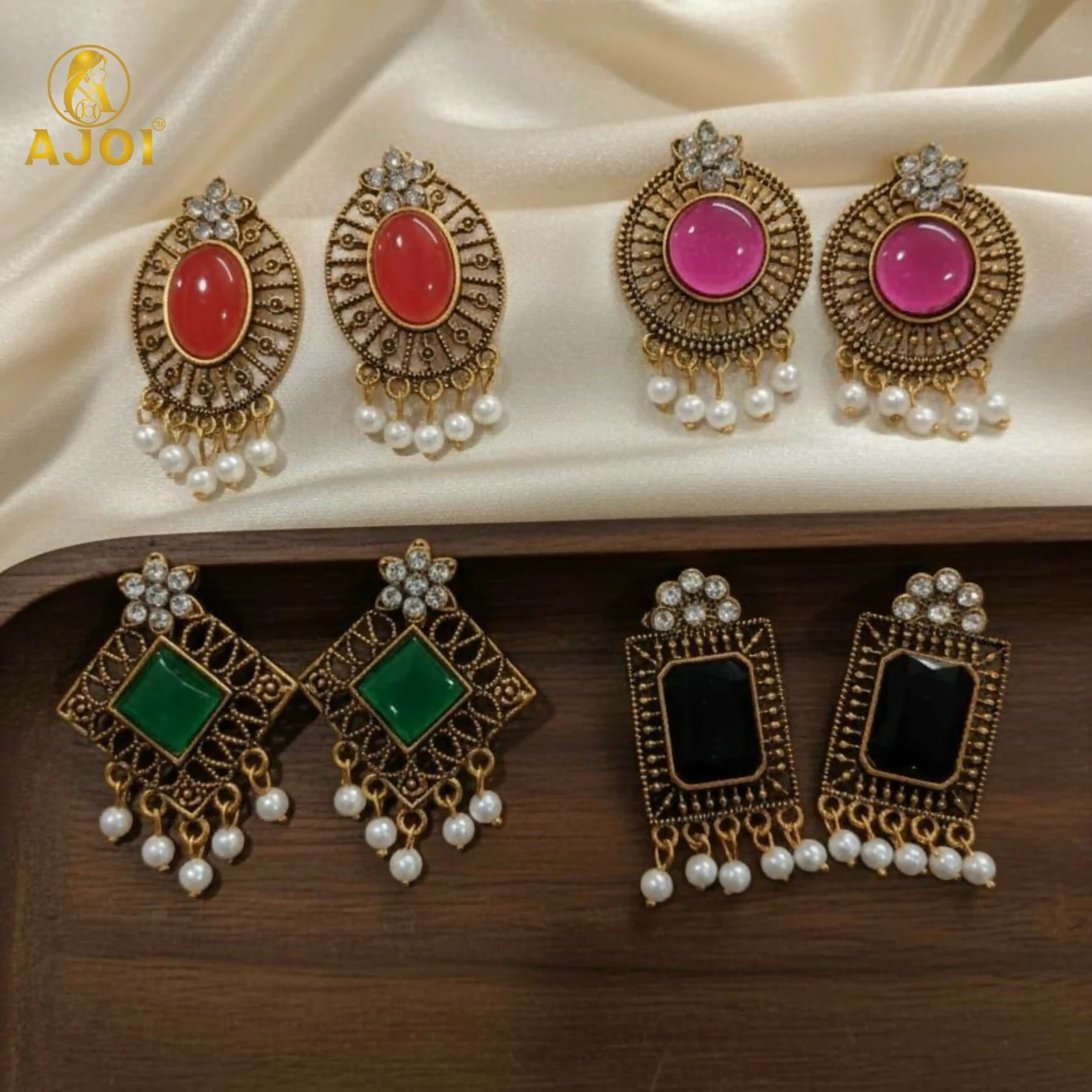 Antique Stone & Pearl Drop Earrings Combo – 4 Designer Pairs