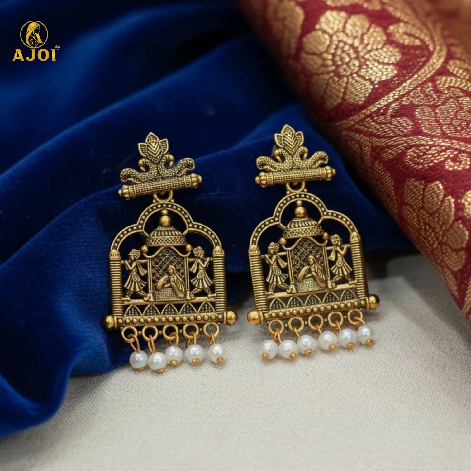 Royal Doli Motif Temple Earrings – Gold-Tone with Pearl Danglers - Image 3