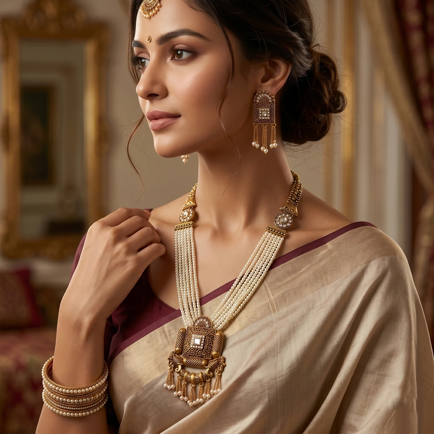 Royal Gold and Pearl Necklace Set – Elegant Traditional Jewelry - Image 2