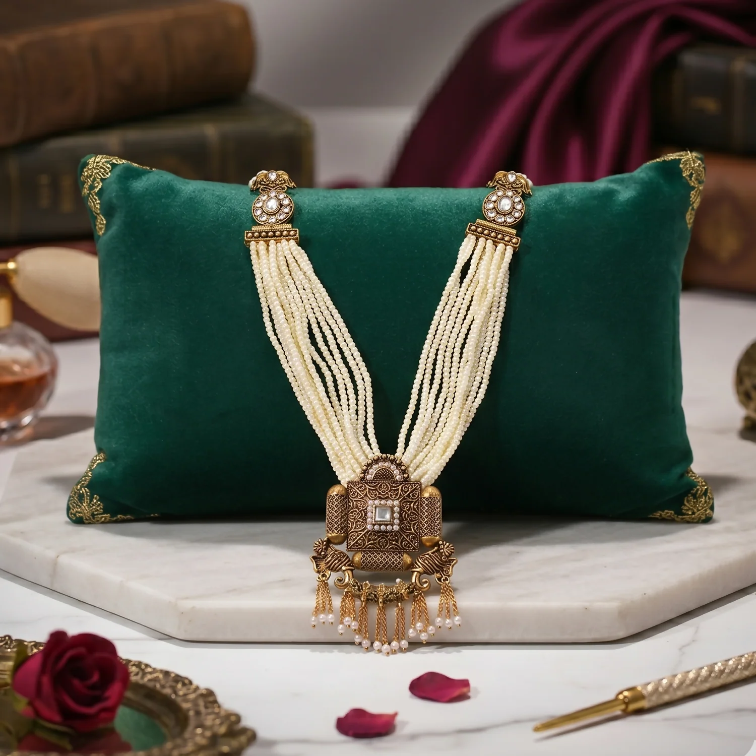 Royal Gold and Pearl Necklace Set – Elegant Traditional Jewelry - Image 3