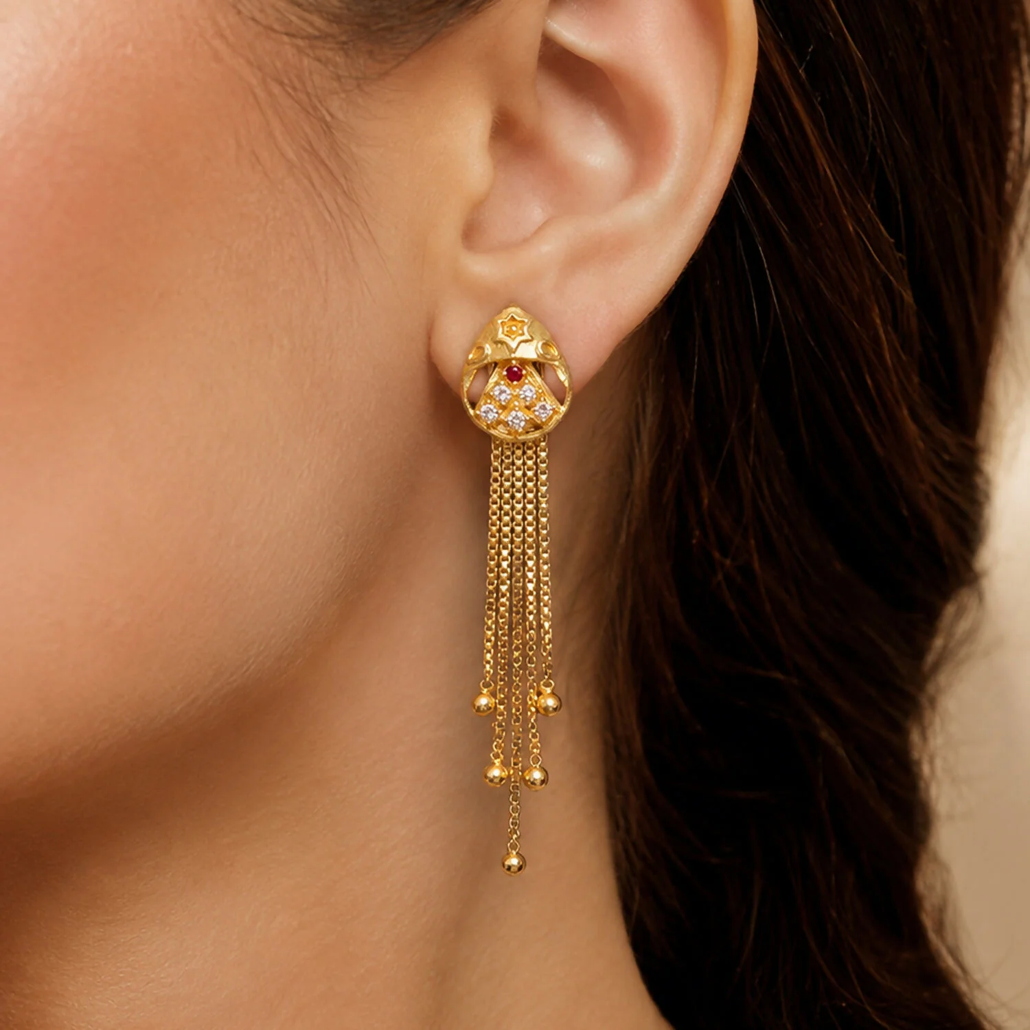 Royal Gold-Plated Teardrop Filigree Earrings with White Crystals & Ruby Tassels Luxe - Image 2