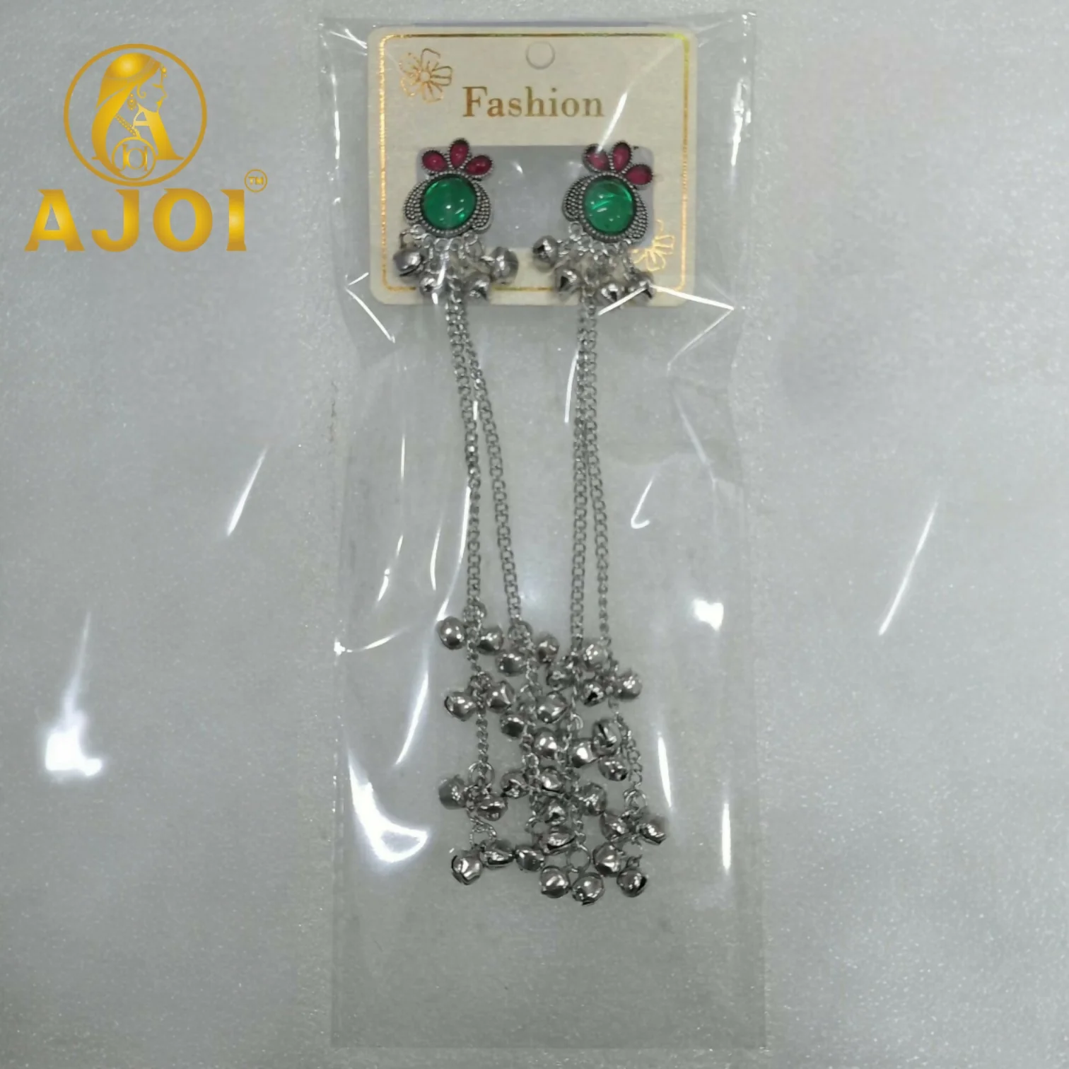 Green Stone Silver Ghungroo Chain Earrings – Regal Elegance - Image 4