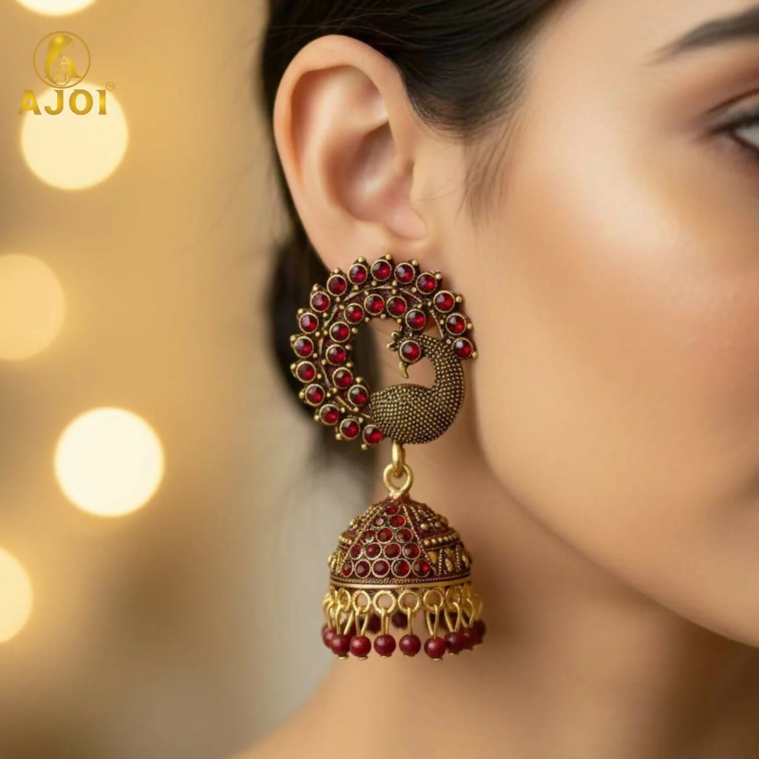 Peacock Jhumka Earrings – Royal Maroon Antique Gold Finish - Image 2
