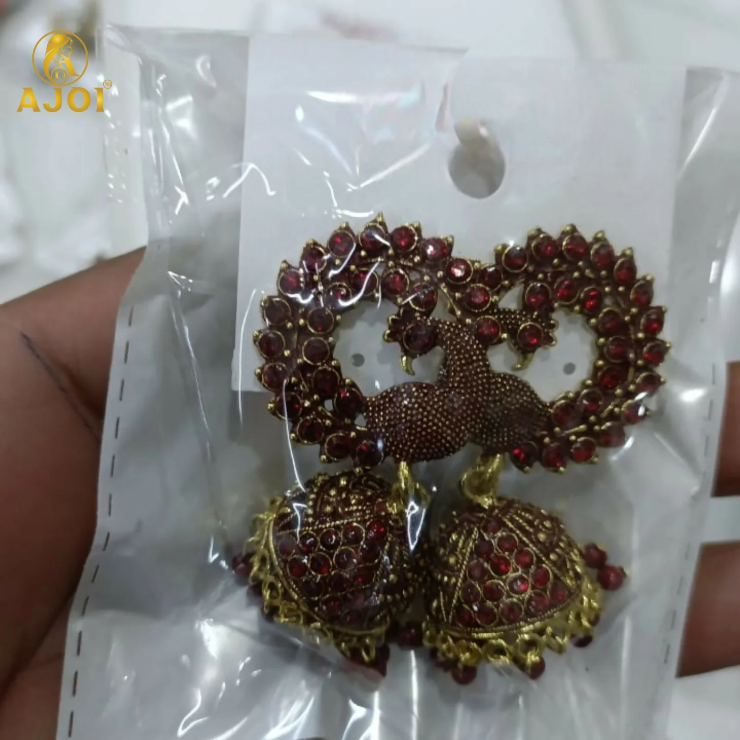 Peacock Jhumka Earrings – Royal Maroon Antique Gold Finish - Image 5
