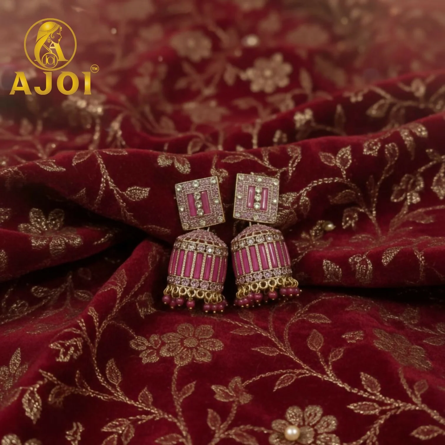 Rose Pink Designer Earrings – Elegant Jhumka with Stone Embellishment - Image 3