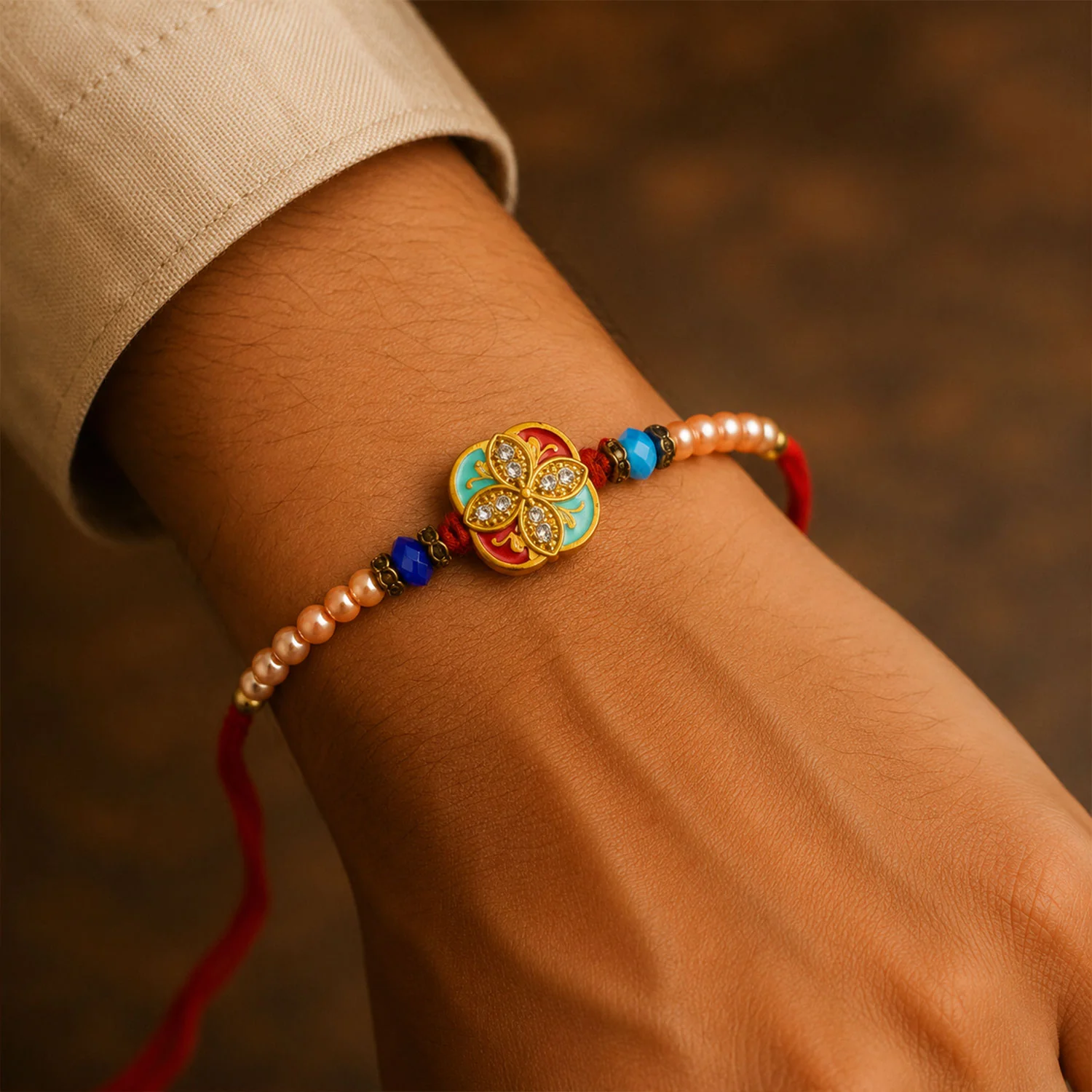 Royal Turquoise Meenakari Floral Rakhi for Brother with Pearls & Beads - Image 4
