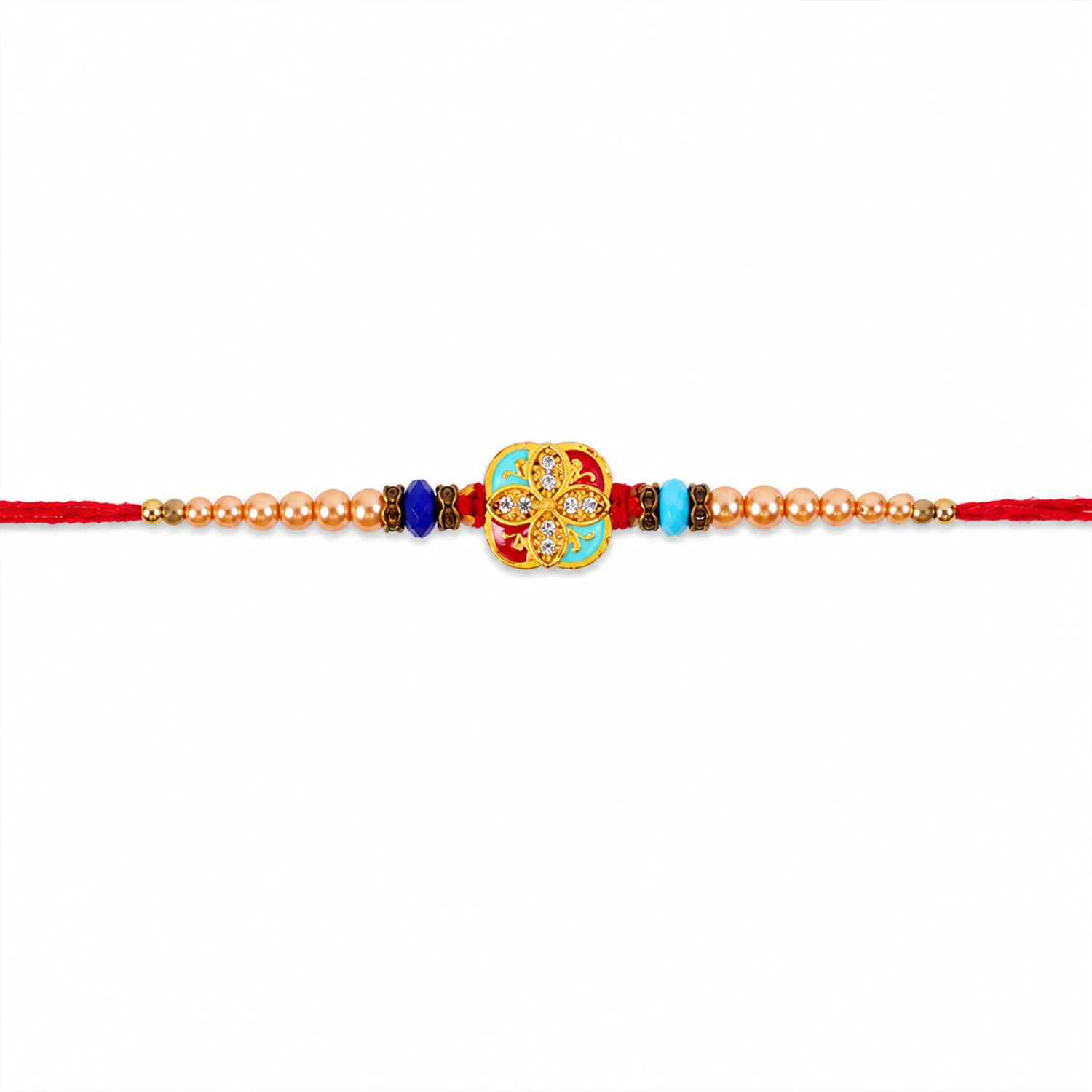 Royal Turquoise Meenakari Floral Rakhi for Brother with Pearls & Beads - Image 5