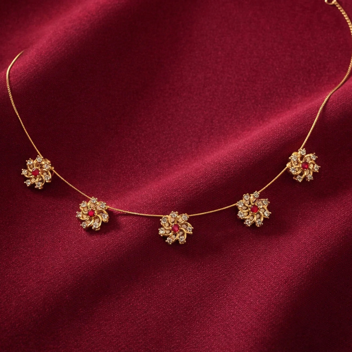 Ruby Floral Station Necklace – Elegant gold chain with diamond accents - Image 3