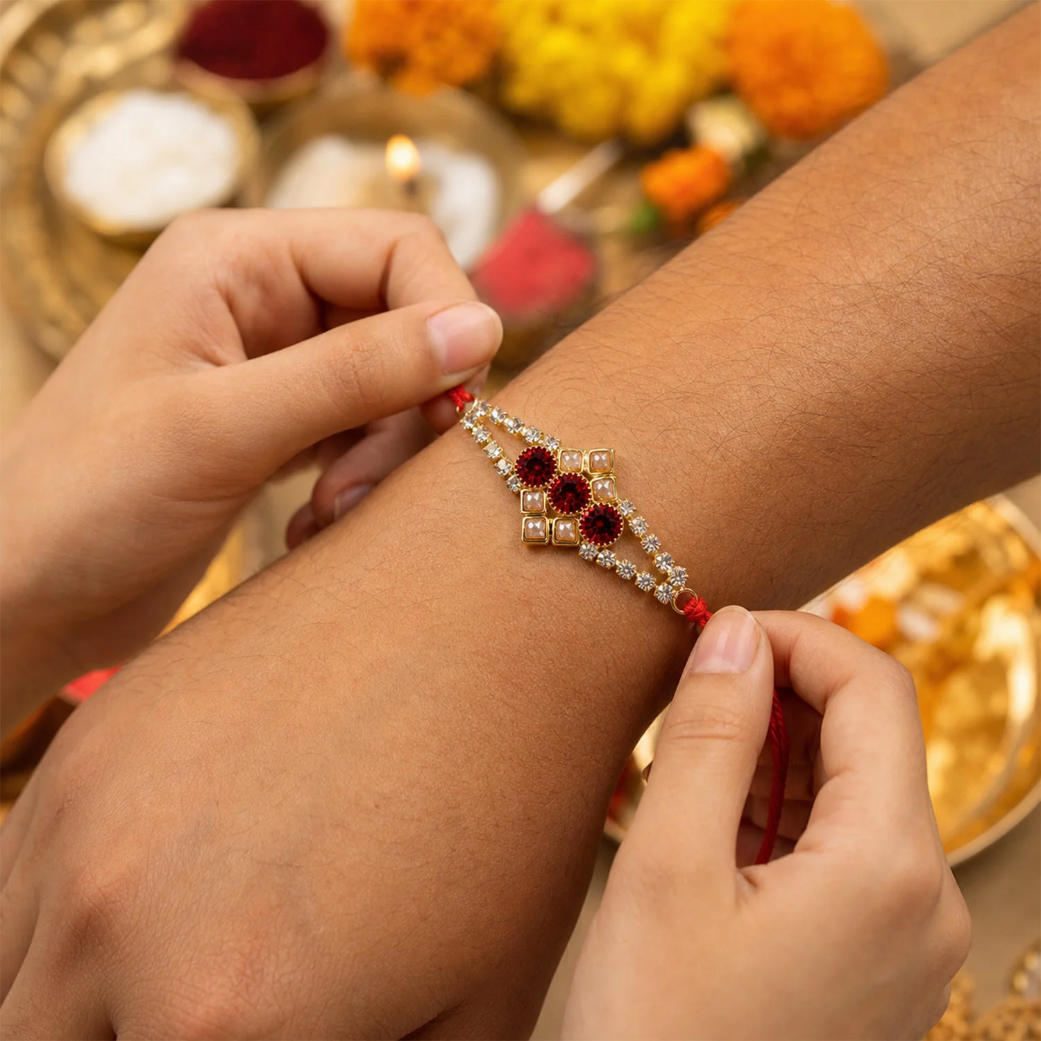 Ruby Floral Stone Bracelet Rakhi for Brother Bhai Raksha Bandhan Festival Special Gift - Image 3