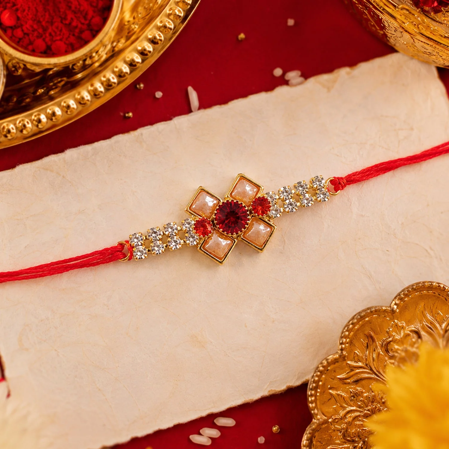 Ruby Flower Pearl Bracelet Rakhi for Brother Bhai Raksha Bandhan Festival Special Gift - Image 2