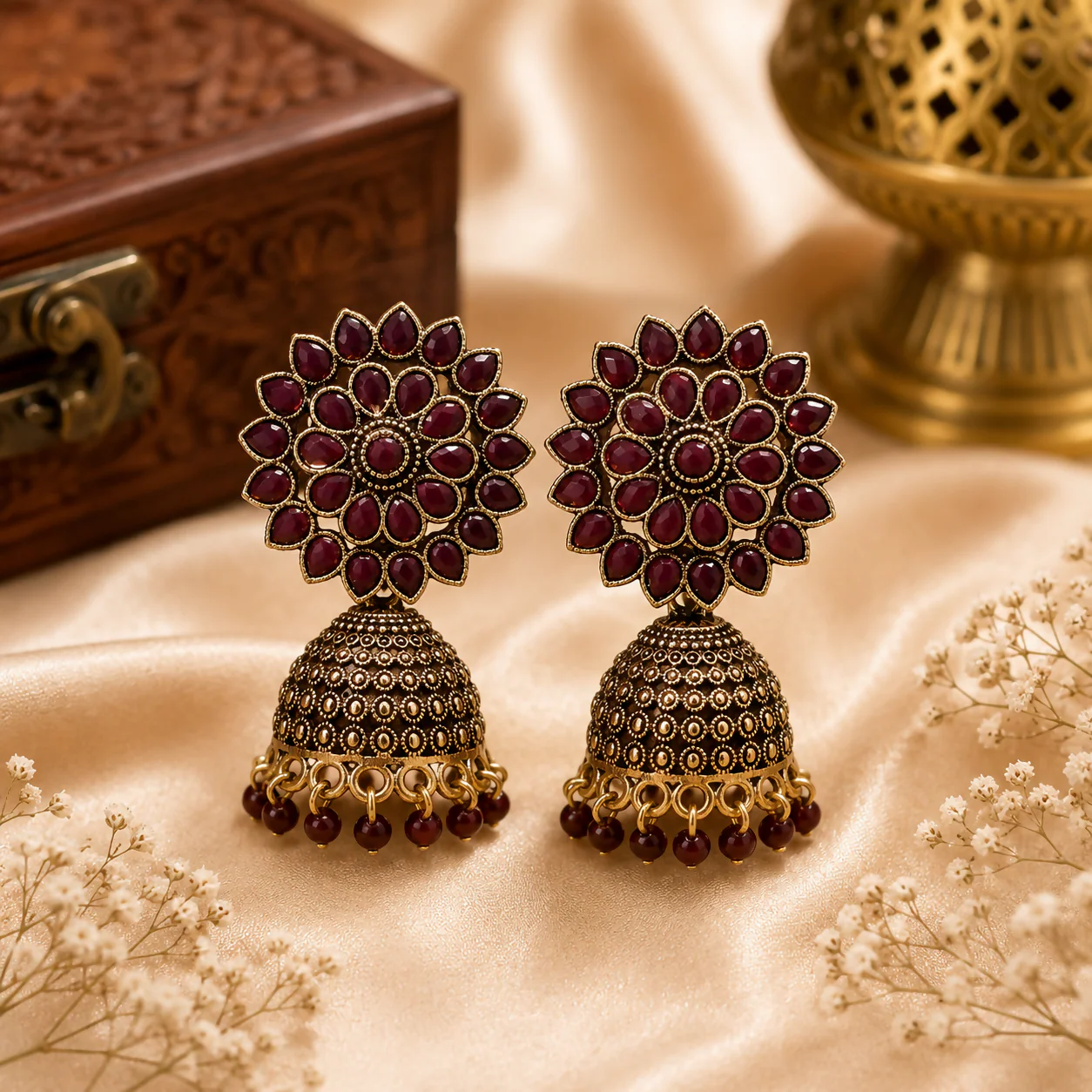 Ruby Red Floral Jhumka Earrings for Women with Pearl Drops | Traditional Ethnic Jewellery