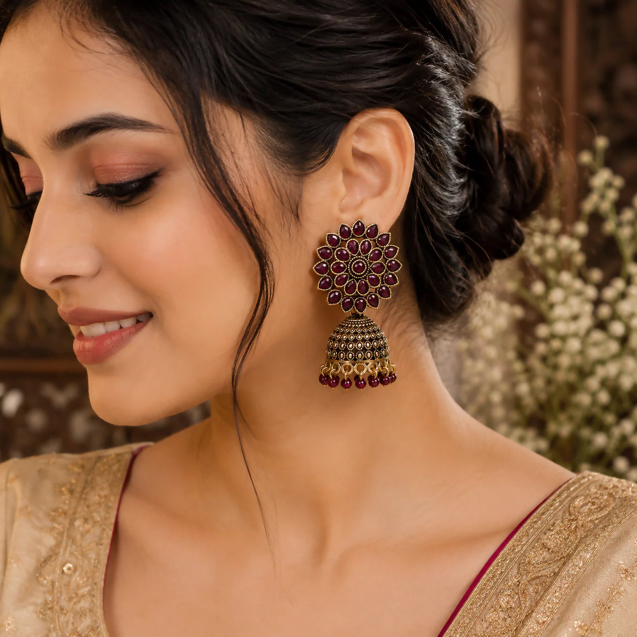 Ruby Red Floral Jhumka Earrings for Women with Pearl Drops | Traditional Ethnic Jewellery - Image 3
