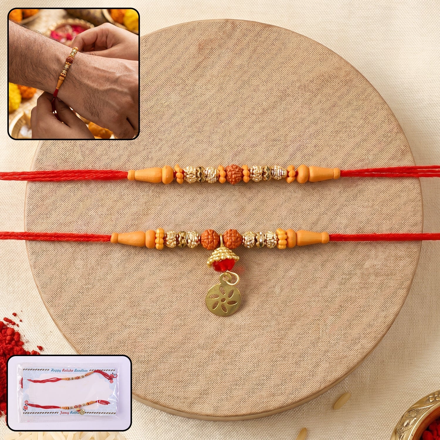 Premium Rudraksha Bead Om Charm Bhabhi Lumba Rakhi – Traditional with Modern Style