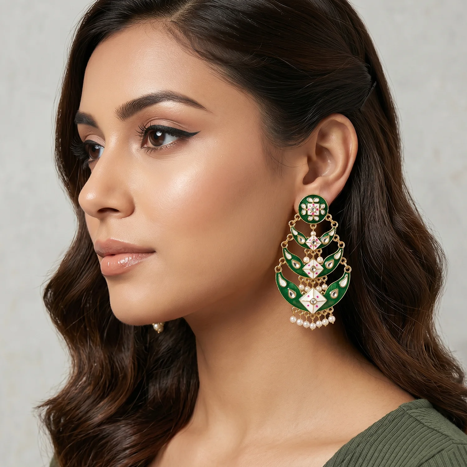 Sea Green Meenakari Chandbali Earrings – Traditional Handcrafted Jewelry - Image 2