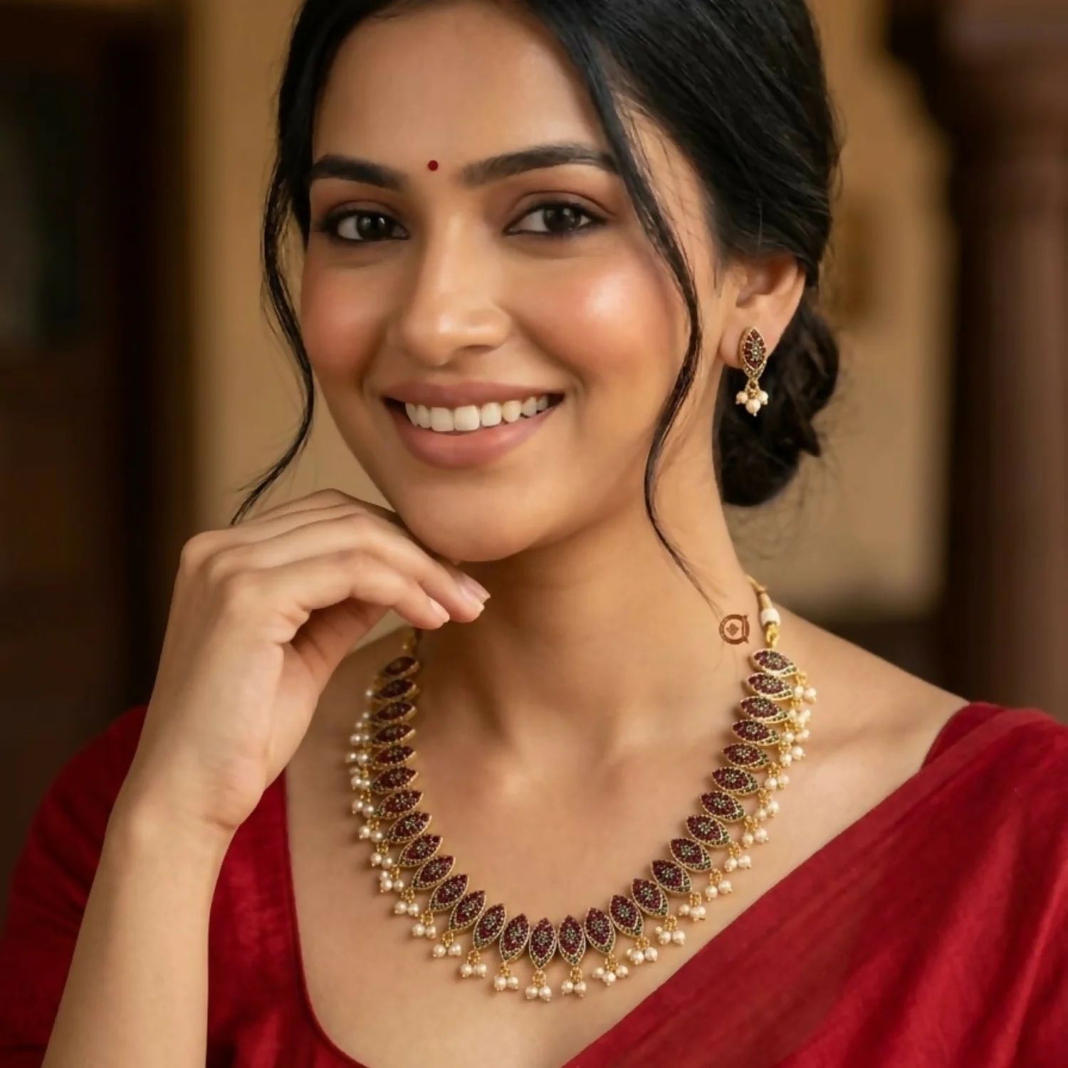 Semi Precious Stone Necklace Set with Earrings Traditional Ethnic Jewellery & Gift - Image 2