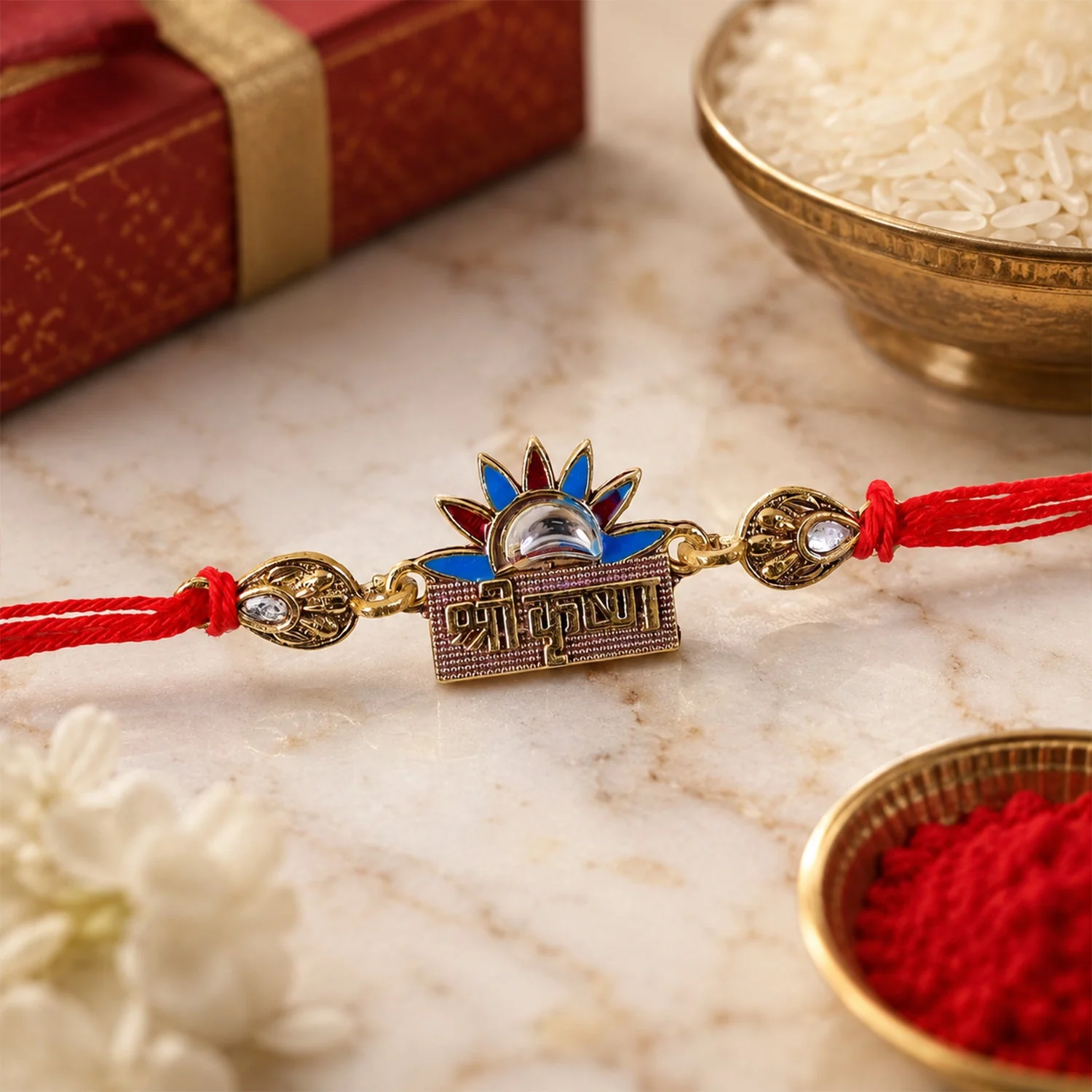 Shree Krishna Text Crown Motif Premium Designer Beaded Rakhi for Brother - Image 2