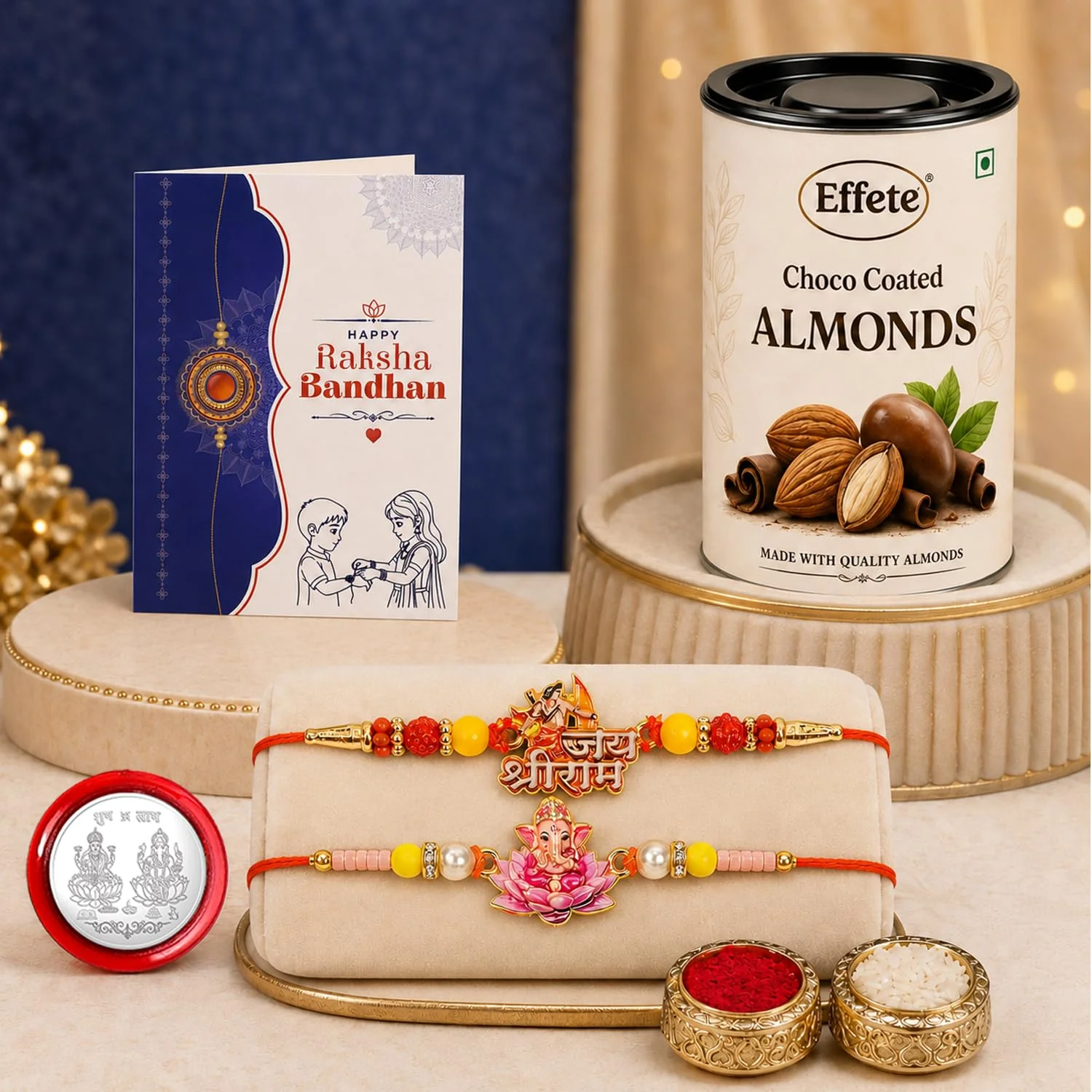 Shri Ram, Ganesha Rakhi Combo - Raksha Bandhan Gift with Choco Almonds 96gm, Pack of 6 - Image 2