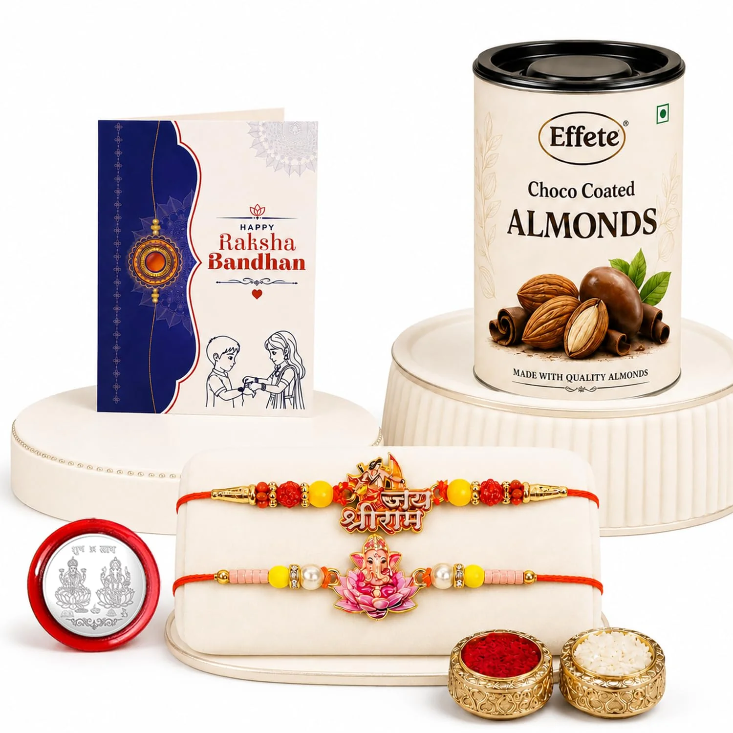 Shri Ram, Ganesha Rakhi Combo - Raksha Bandhan Gift with Choco Almonds 96gm, Pack of 6 - Image 5