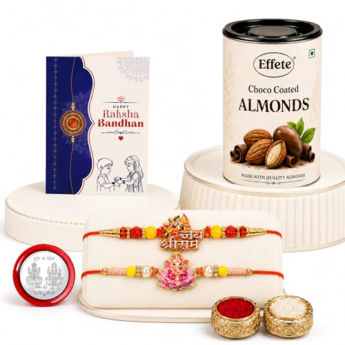 Shri Ram, Ganesha Rakhi Combo - Raksha Bandhan Gift with Choco Almonds 96gm, Pack of 6 - Image 6