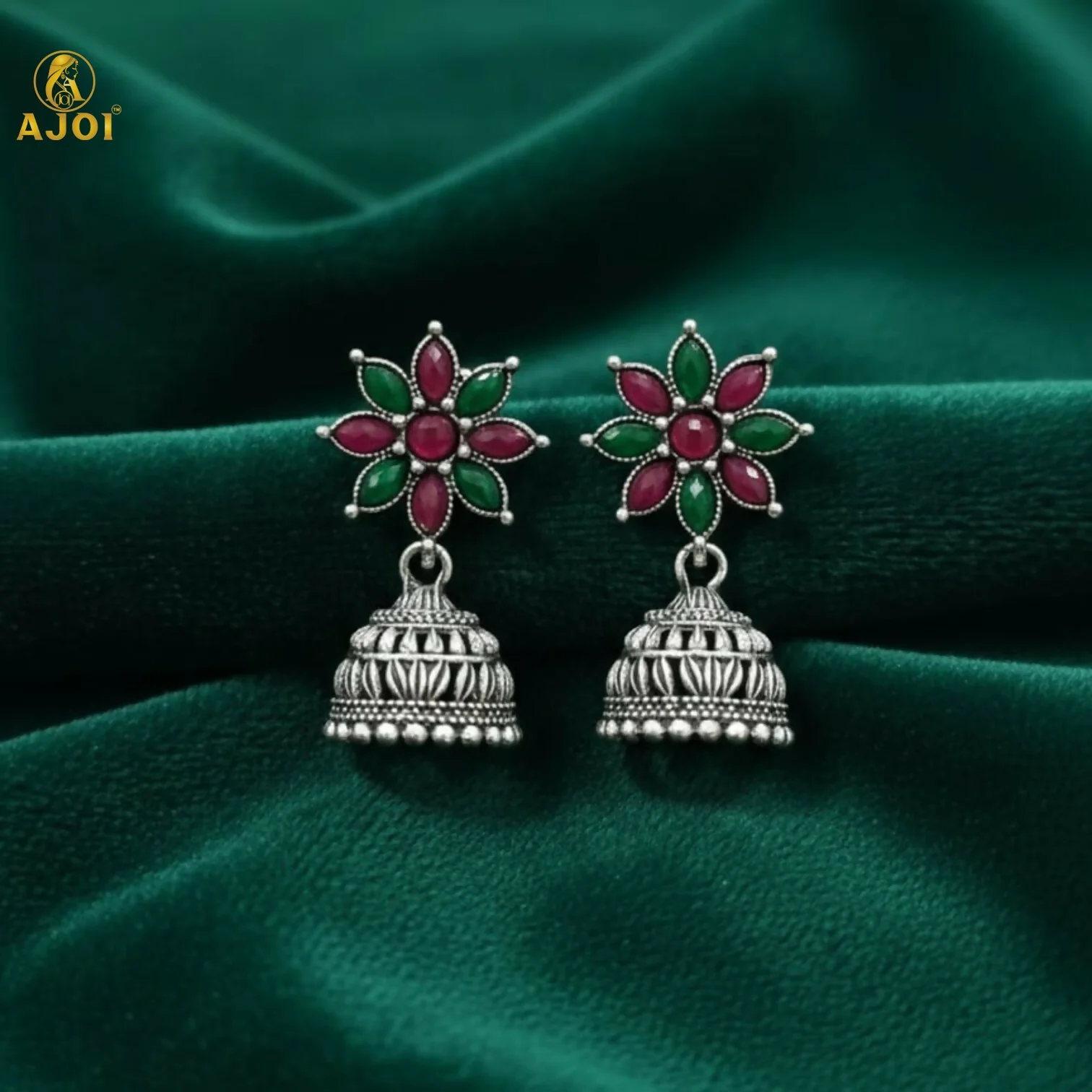 Floral Jhumka Earrings – Elegant Oxidized Silver Design - Image 4