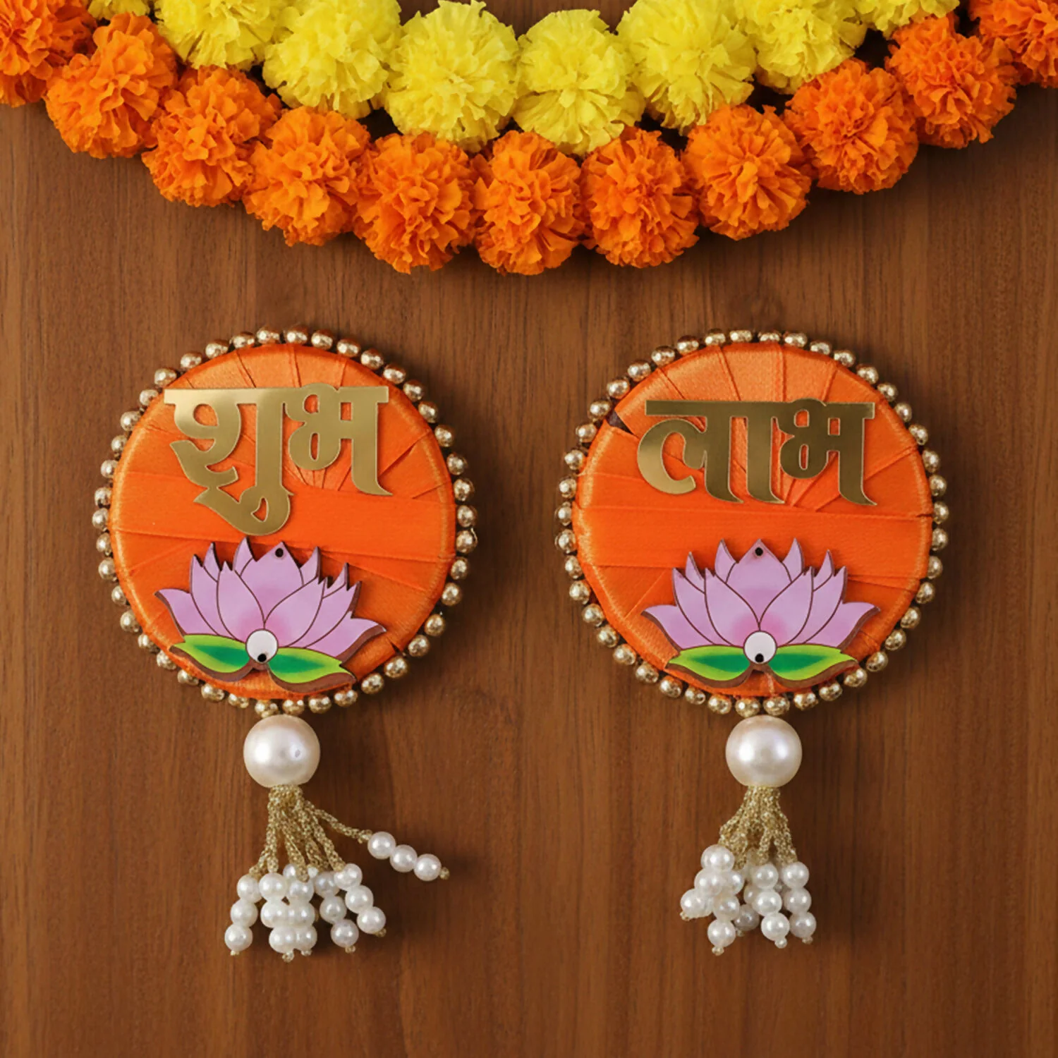 Shubh Labh Door Hanging – Premium Green Satin with Pearl Latkan - Image 5