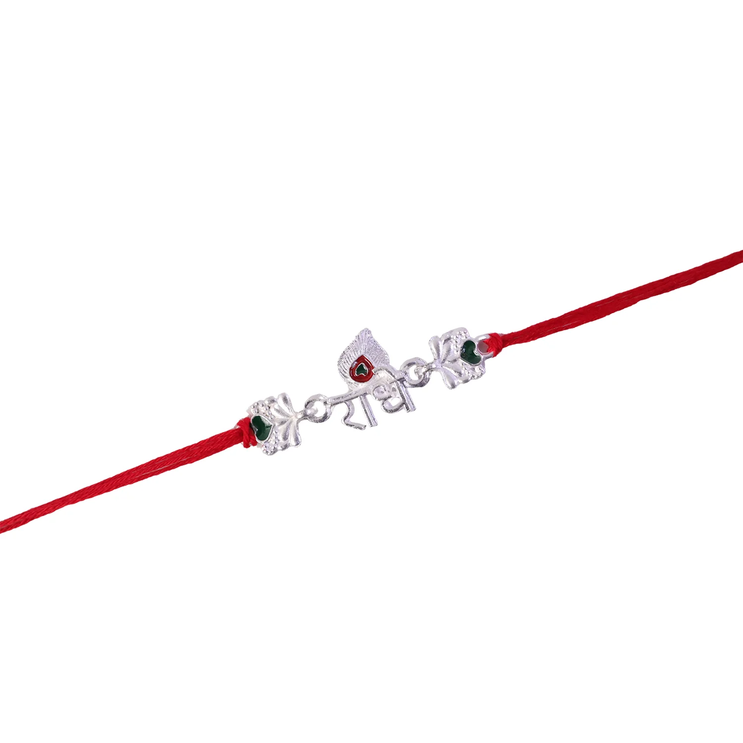 Rakhi – Elegant Silver Radhe Morpich with Green Stones for Brother - Image 5
