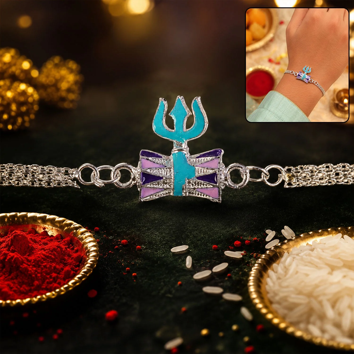 Silver Trishul Rakhi – Spiritual Protection & Sibling Bond