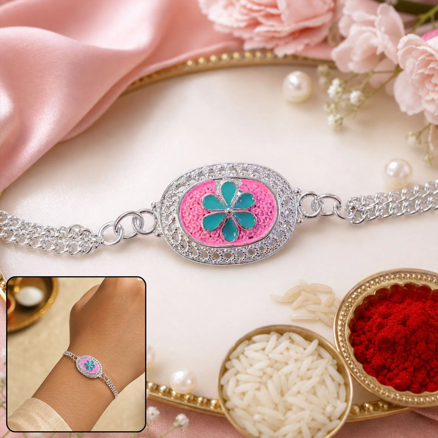 Silver Floral Rakhi Elegant Design for Brothers on Rakshabandhan