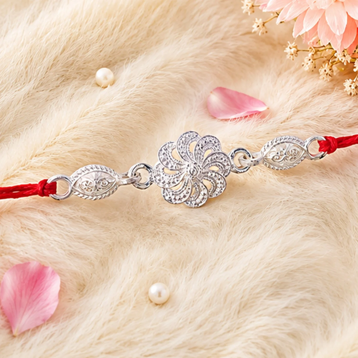 Silver Floral Chain Design Rakhi for Brother Bhai Raksha Bandhan Festival Special Gift - Image 2