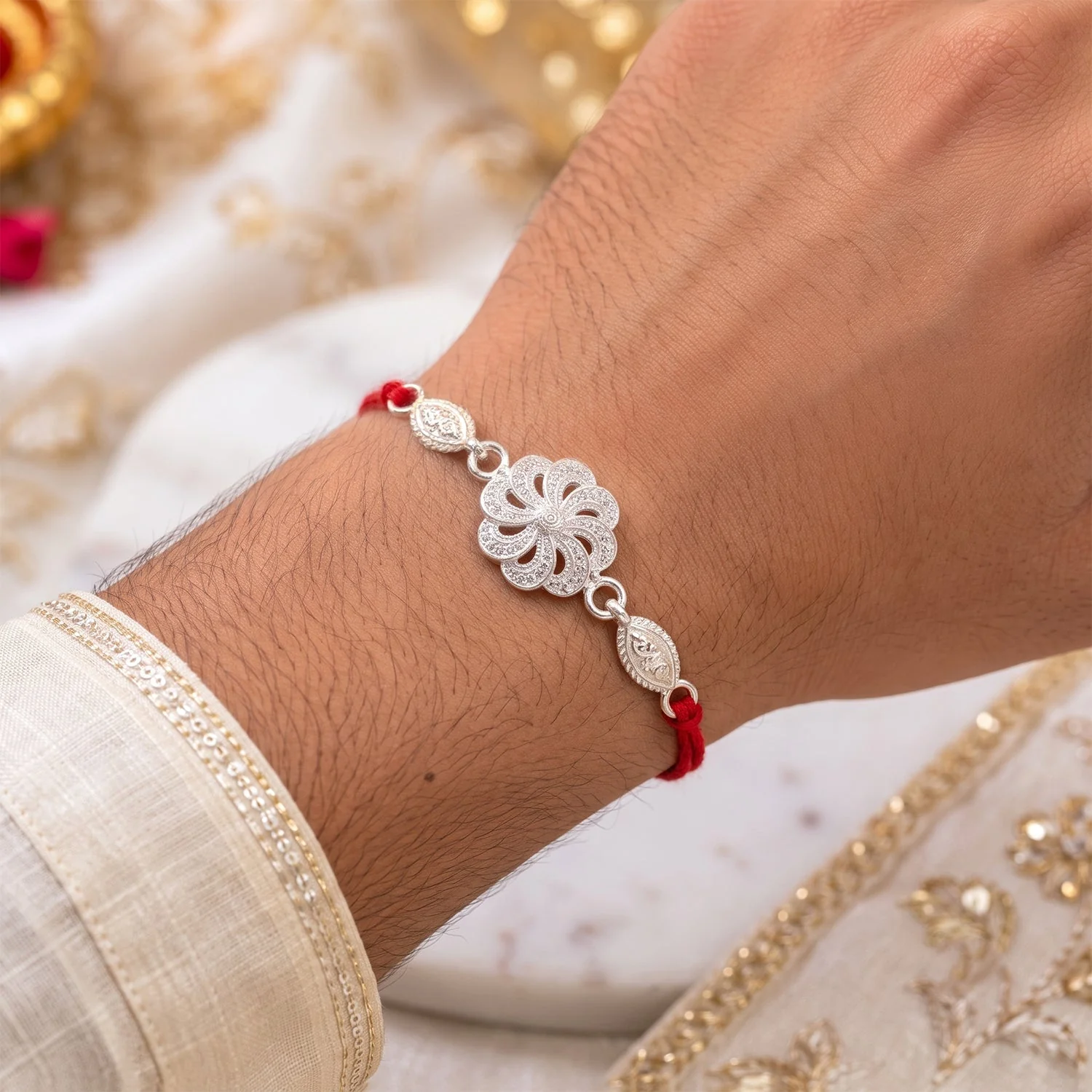 Silver Floral Chain Design Rakhi for Brother Bhai Raksha Bandhan Festival Special Gift - Image 3