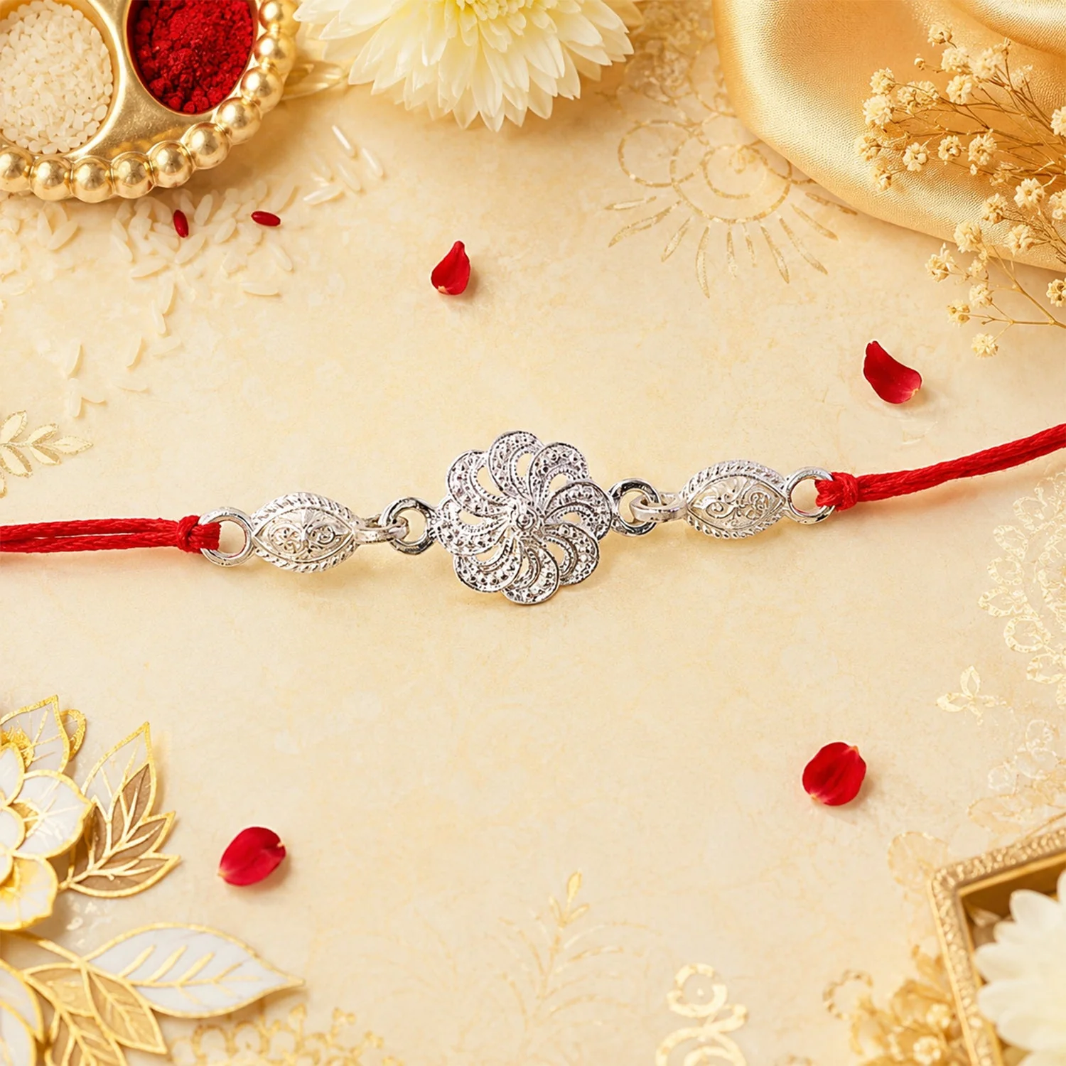 Silver Floral Chain Design Rakhi for Brother Bhai Raksha Bandhan Festival Special Gift - Image 5
