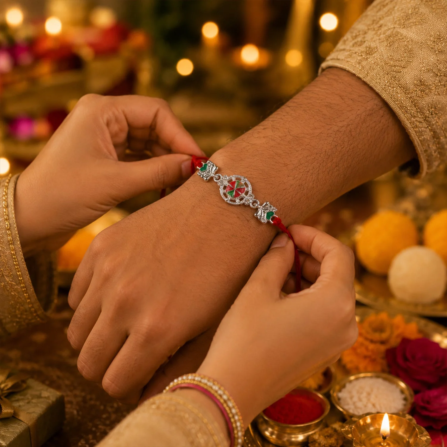 Silver Floral Rakhi – Elegant Traditional Design for Raksha Bandhan - Image 2