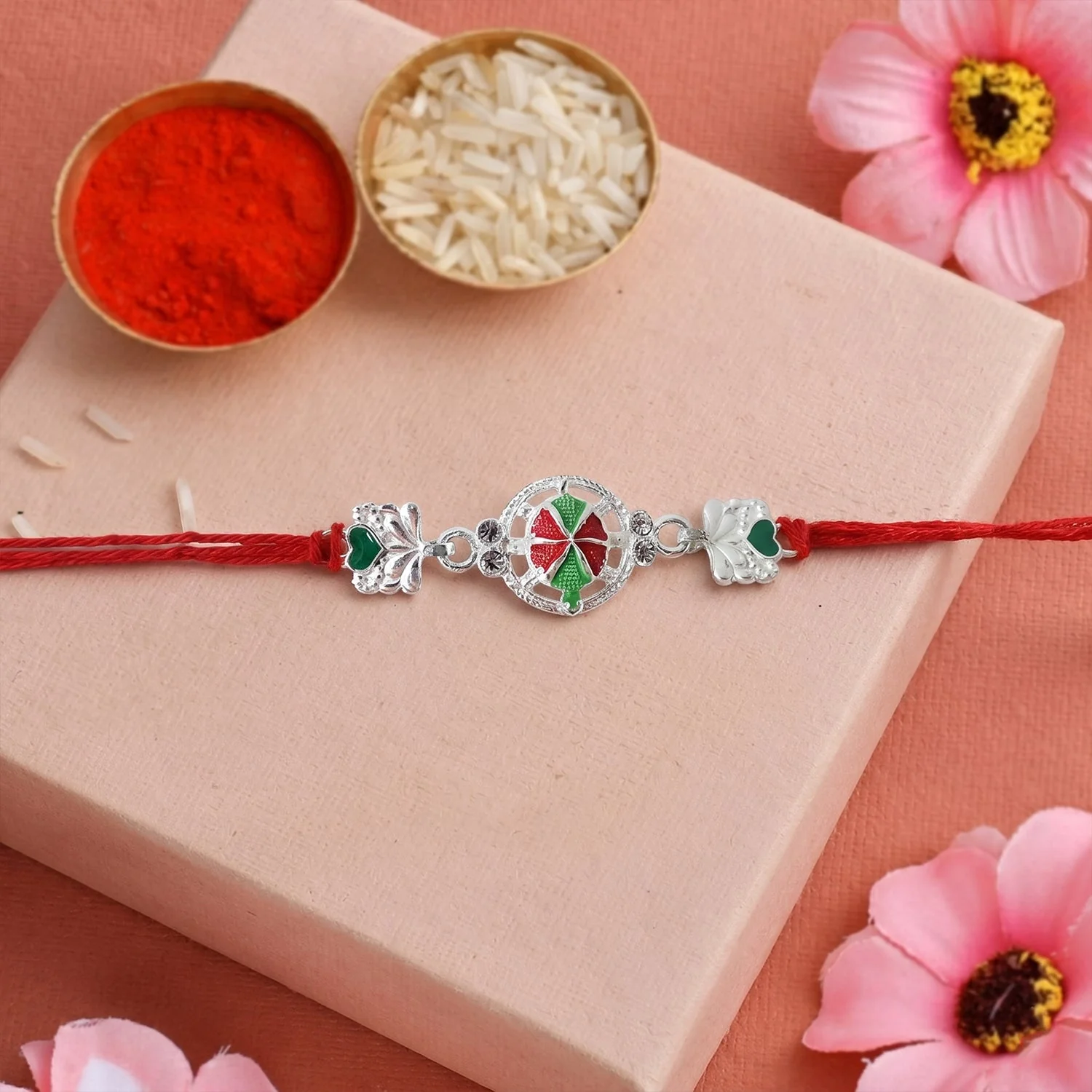 Silver Floral Design Rakhi – Traditional Love & Style for Brothers - Image 2