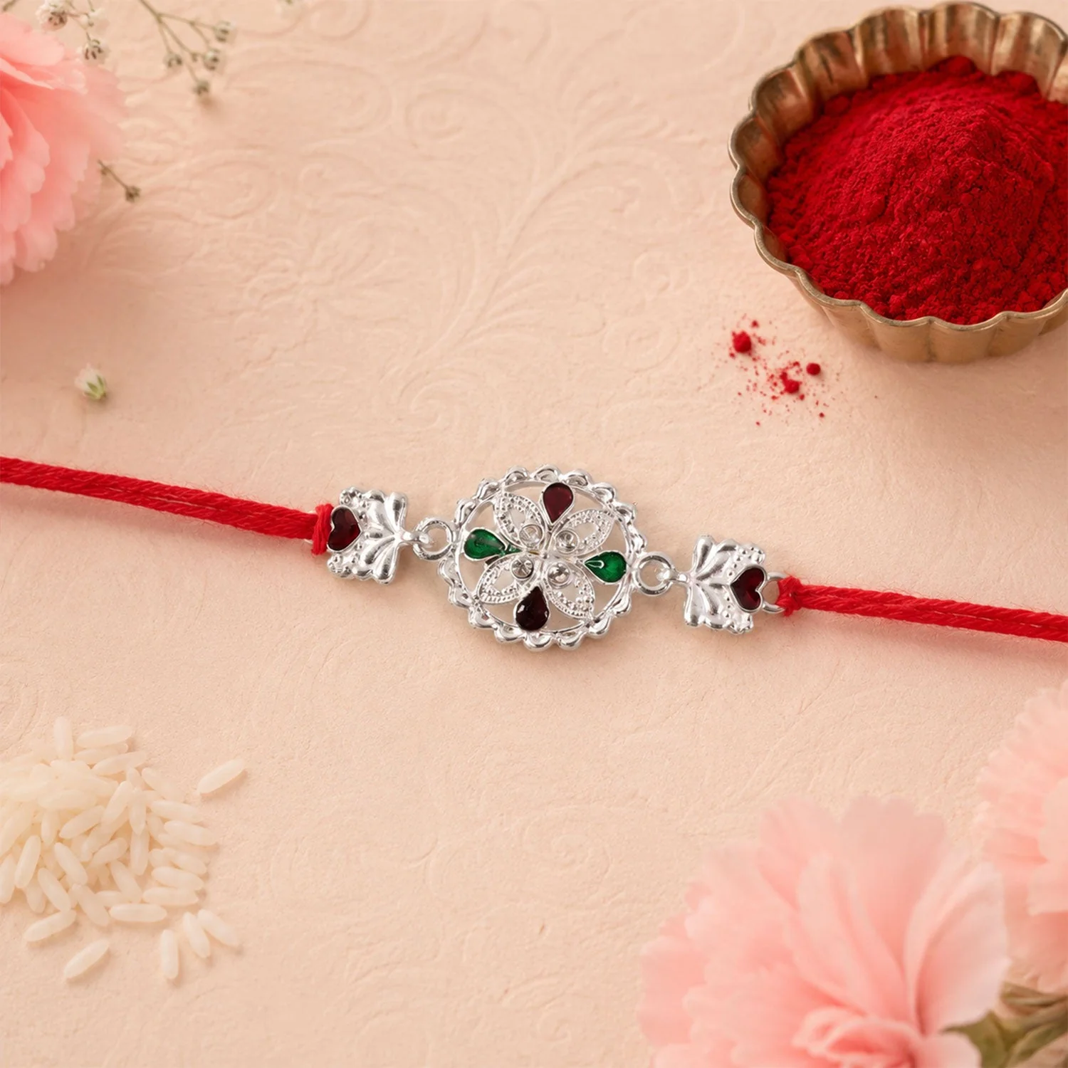 Silver Floral Rakhi – Elegant Traditional Brother Gift - Image 4