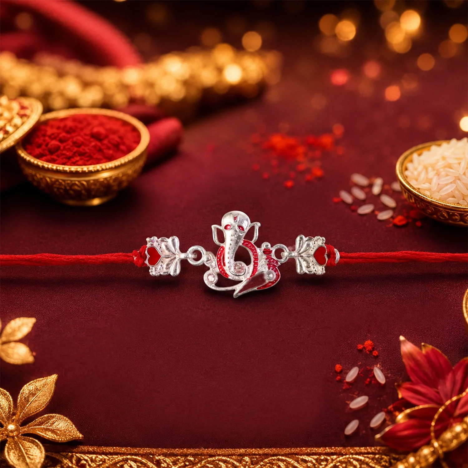 Silver Ganpati Heart Charm Rakhi – Stylish & Lightweight Dori - Image 4