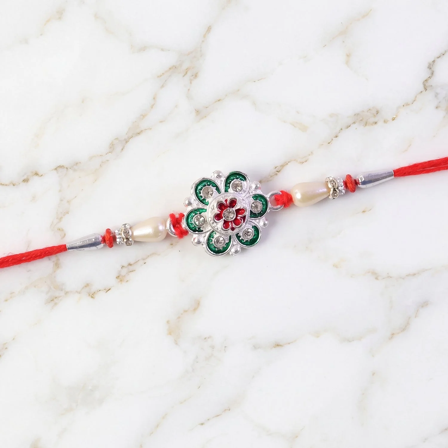 Silver Green Rakhi – Elegant Designer Floral with Pearls for Brother - Image 3